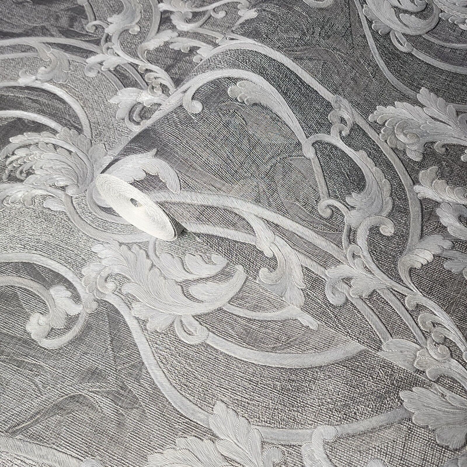 Victorian Wavy Damask Gray Silver Gold Metallic Textured Faux Fabric ...