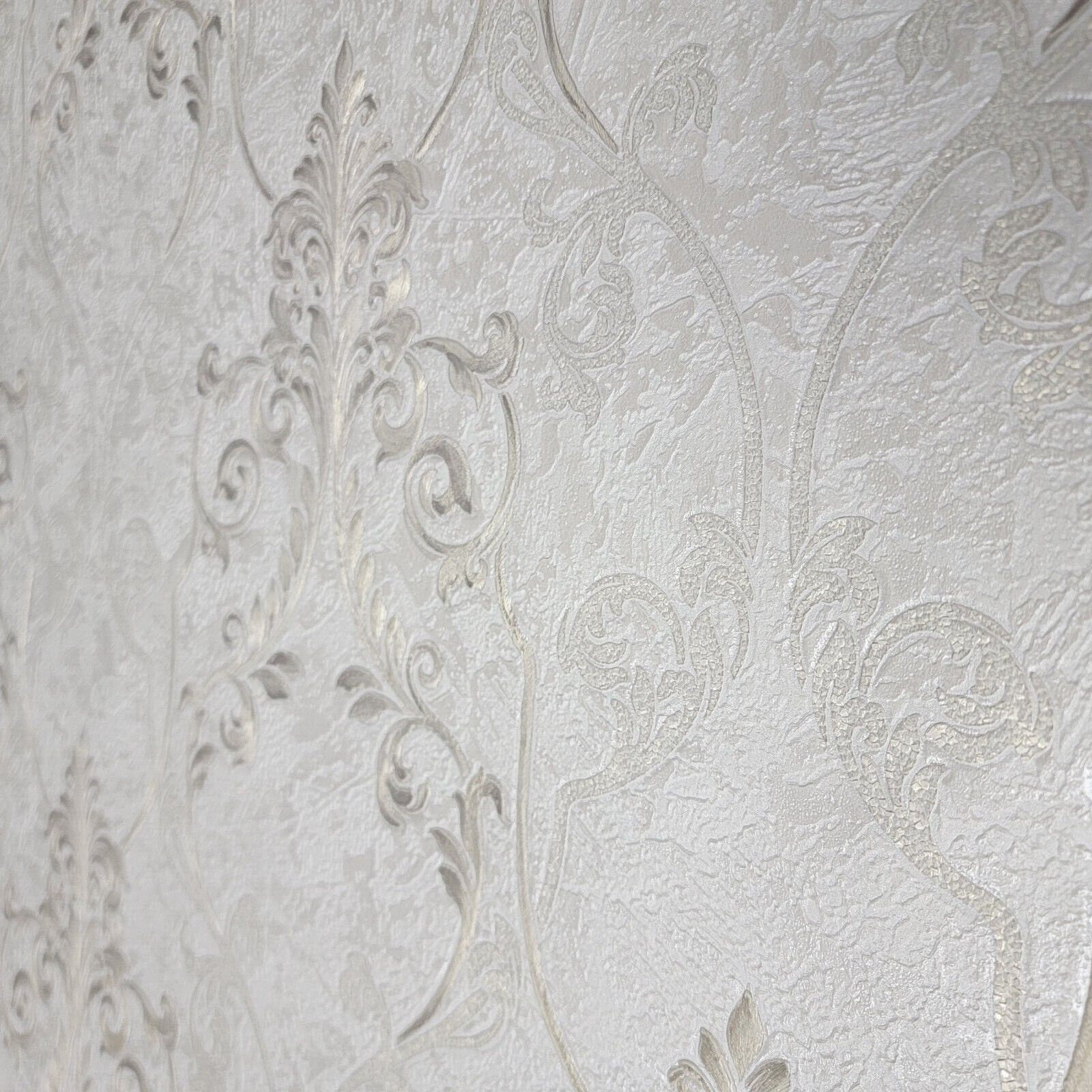 Ivory off White Brass Gold Metallic Victorian Damask Textured Wallpaper ...