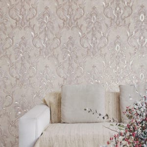 Embossed Rose gold metallic faux plaster textured Victorian damask Wallpaper 3D