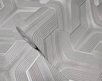 May include: Gray wallpaper with a geometric pattern of overlapping lines creating a textured, 3D effect.