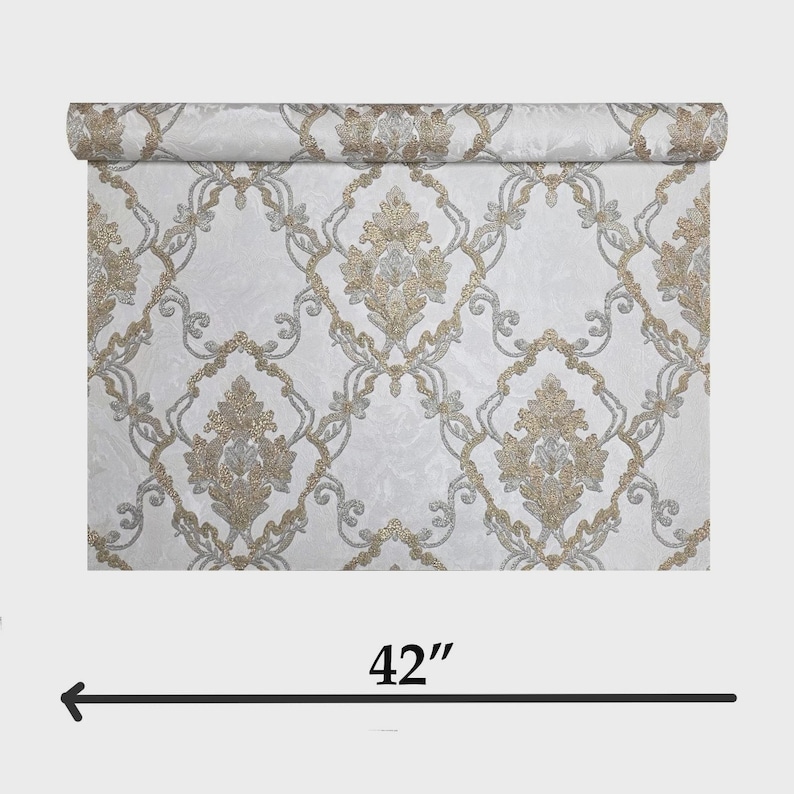 Off White Cream Brass Metallic Faux Plaster Textured Victorian Damask ...