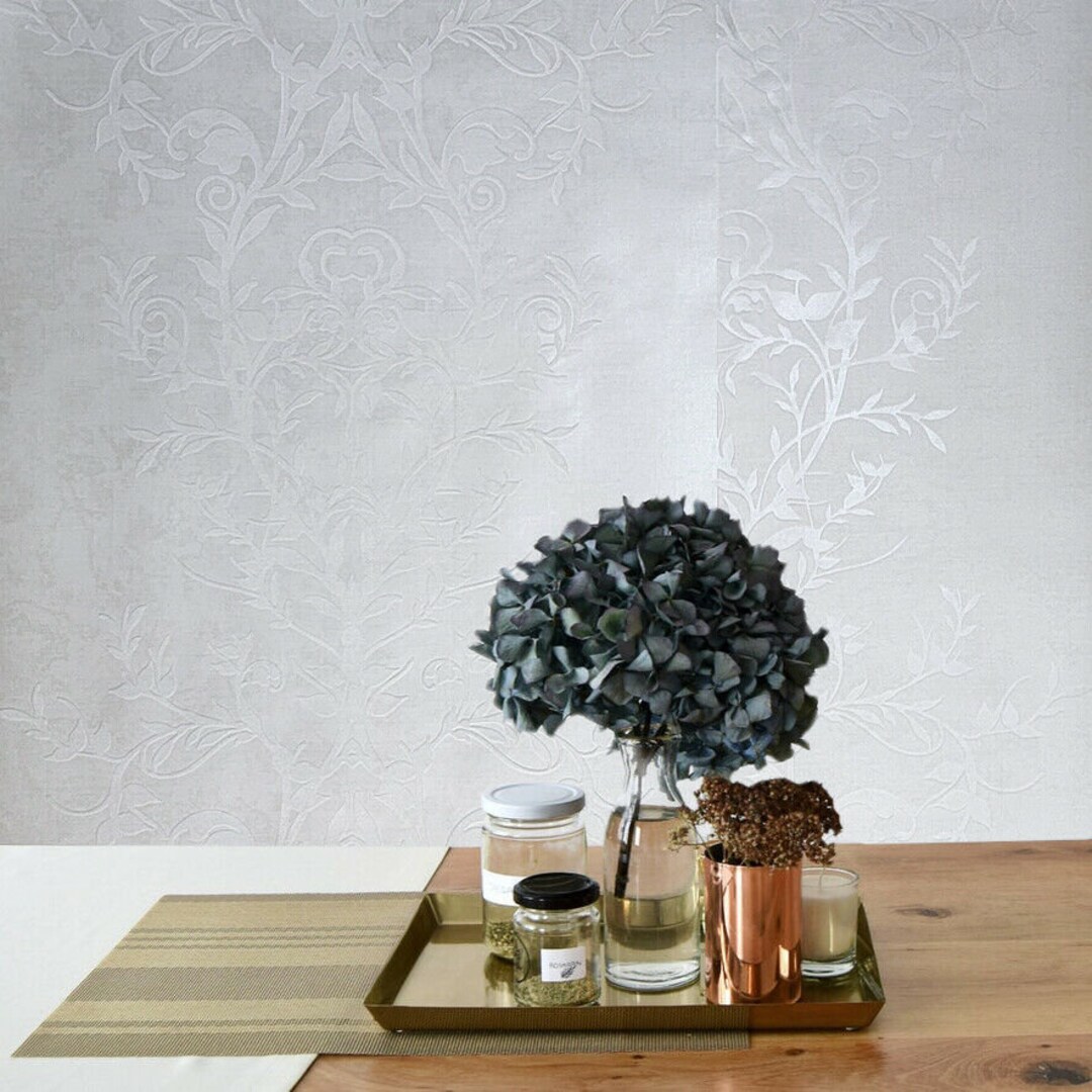 Luxury Striped Wallpaper Roll Flocking off White Flocked Floral Damask