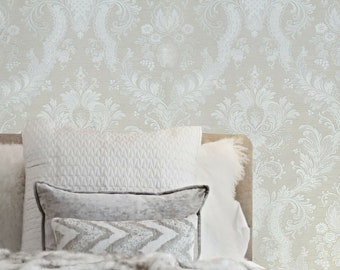 Victorian Tan white cream gold metallic damask faux fabric textured Wallpaper 3D