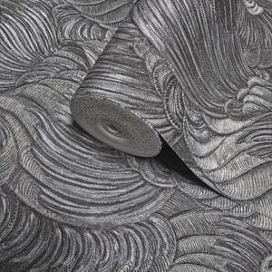 Embossed feather-like motif Layered leaf dark gray gold heavy textured wallpaper