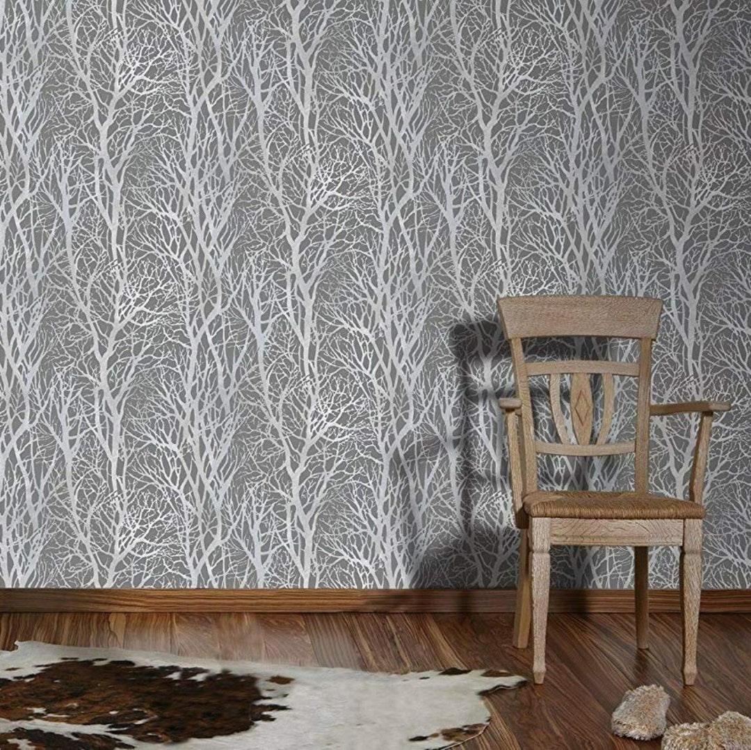 Trees Branches Wallpaper Dark Gray Silver Metallic Textured