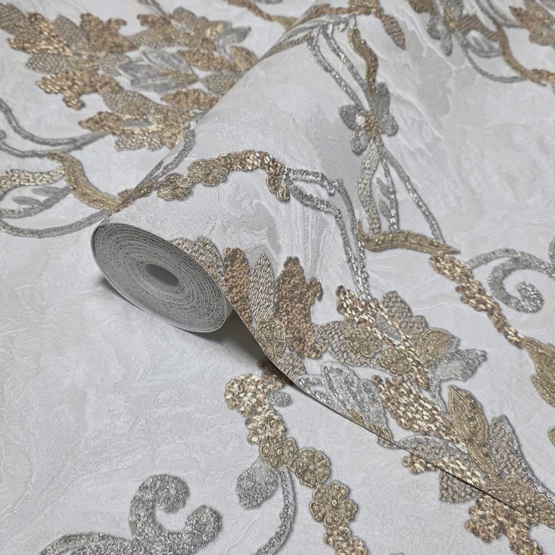 Off White Cream Brass Metallic Faux Plaster Textured Victorian Damask ...