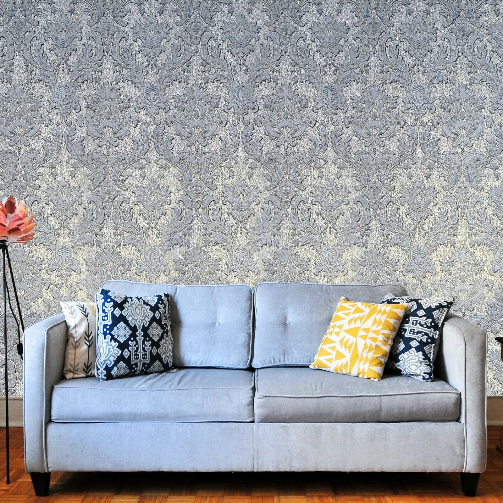 Gray Silver Gold Metallic Crashed Foil Textured Victorian Damask ...