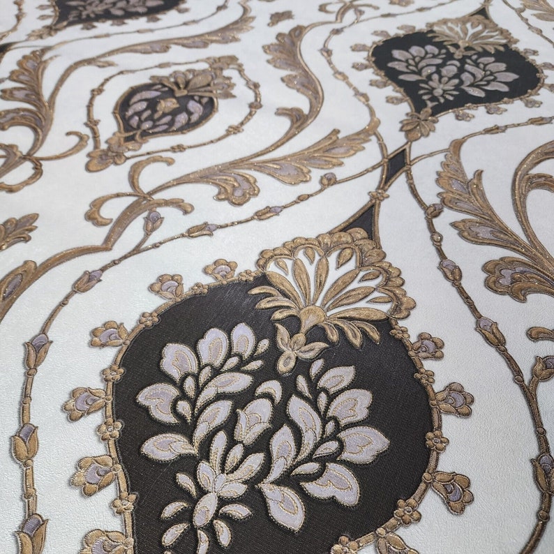 Vinyl Victorian White Purple Gray Gold Metallic Ogee Damask Textured ...