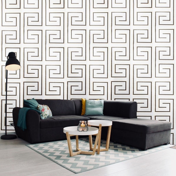 Geometric lines Modern Cream off White black gold metallic wallpaper