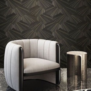 Geometric wave drop Contemporary black gold metallic lines wallpaper textured 3D