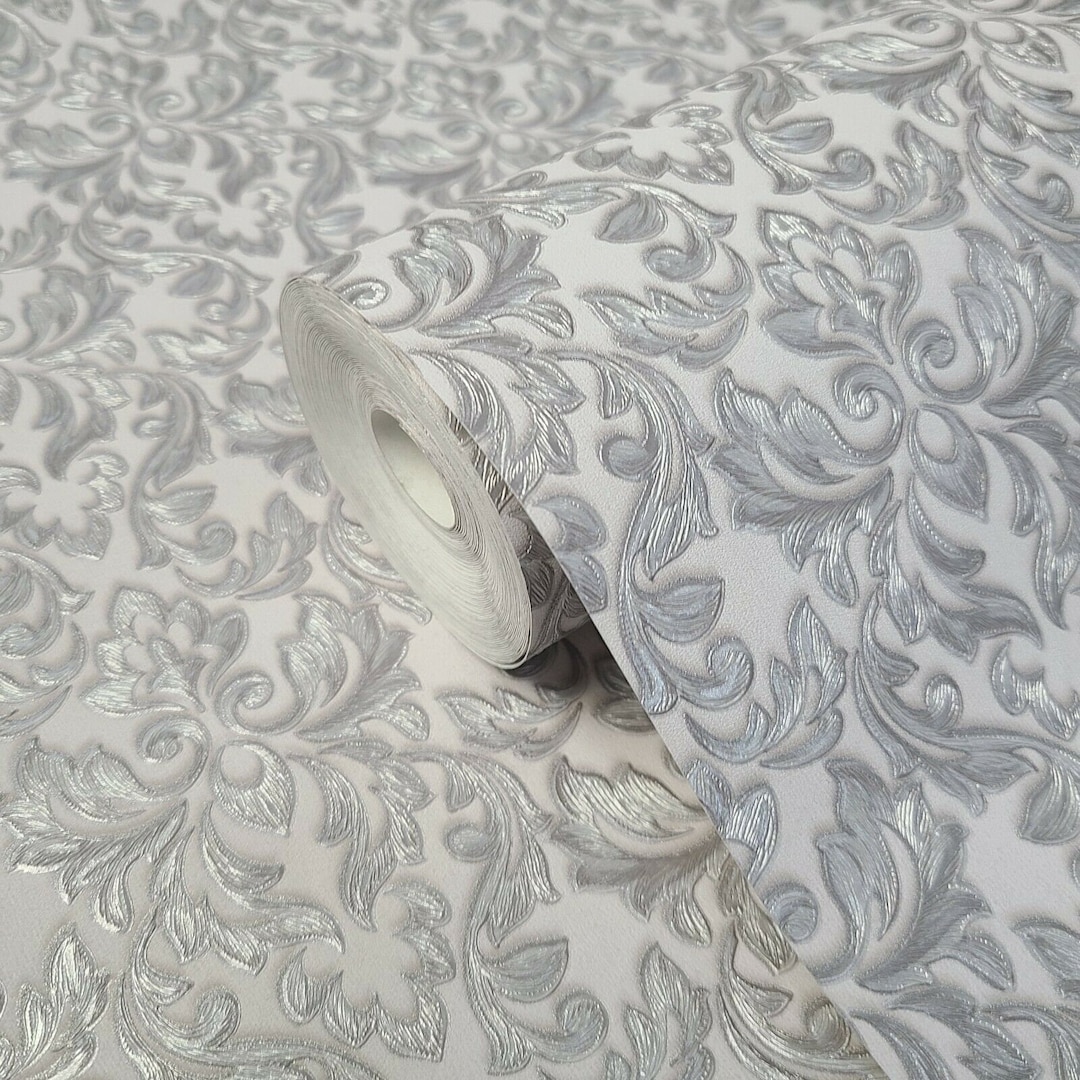 Victorian Grayish off White Silver Metallic Vintage Damask Textured ...