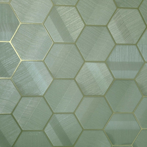 Hexagon green gold metallic textured Wallpaper Geometric faux sisal grasscloth