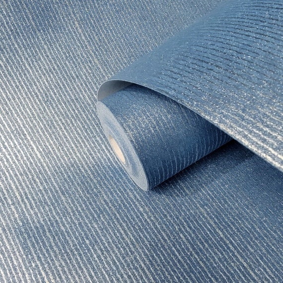 Contemporary plain Non-woven Wallpaper blue silver Metallic stria lines Modern