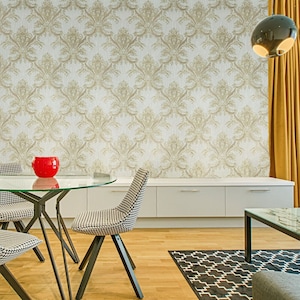Beige cream copper gold metallic Victorian damask faux fabric textured Wallpaper