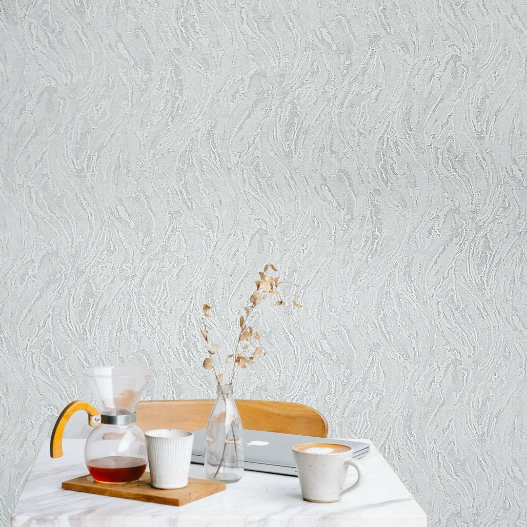 Textured Wallpaper White Gray Silver Metallic Faux Plaster Wave Stroke