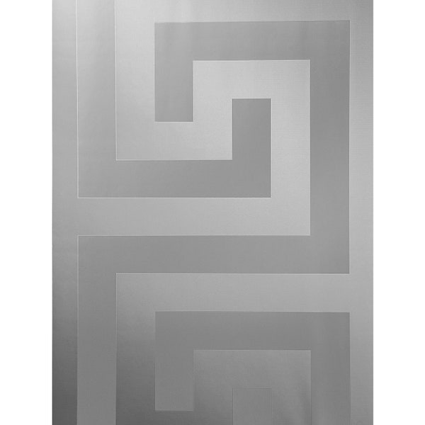 Contemporary Modern Large Greek Key Gray Silver Metallic Shiny Geometric Wallpaper 3D Illusion textured