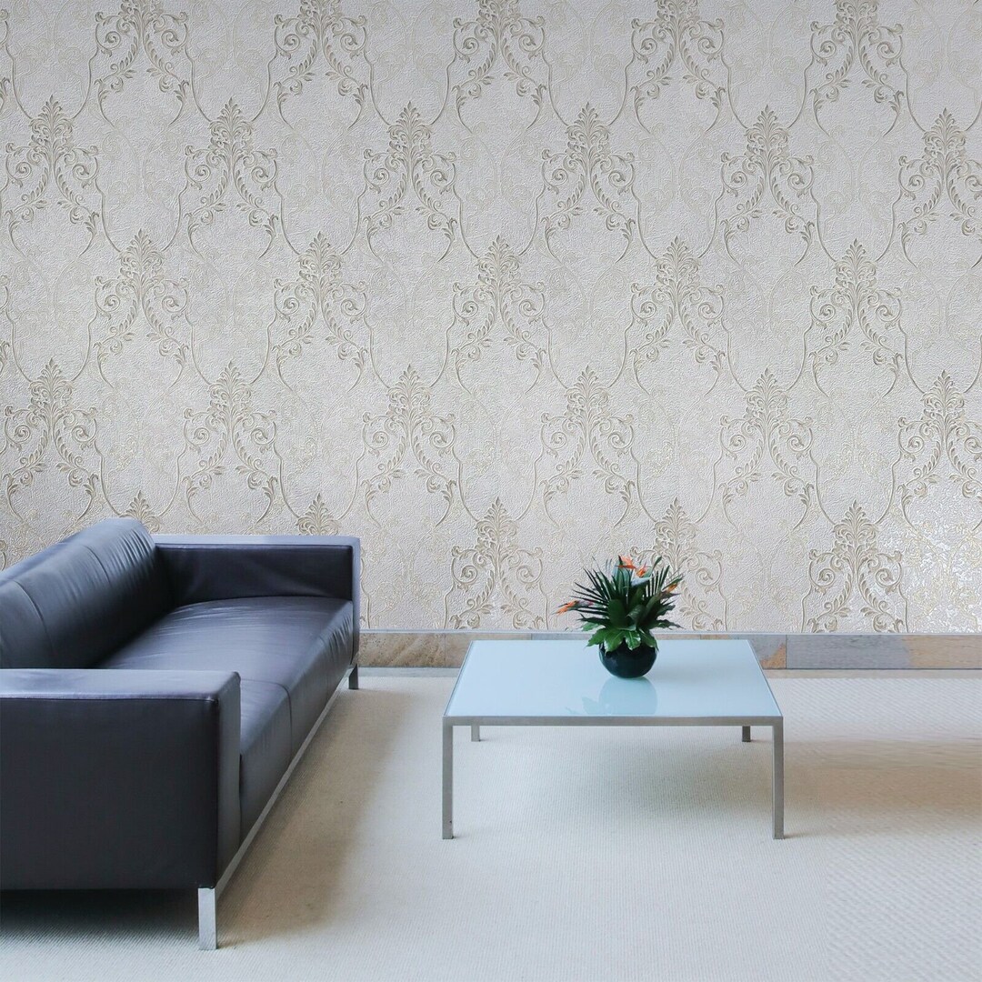 Ivory off White Brass Gold Metallic Victorian Damask Textured Wallpaper ...