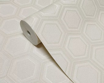 May include: White wallpaper with a textured hexagonal pattern. The wallpaper is rolled up and the pattern is visible on the roll.