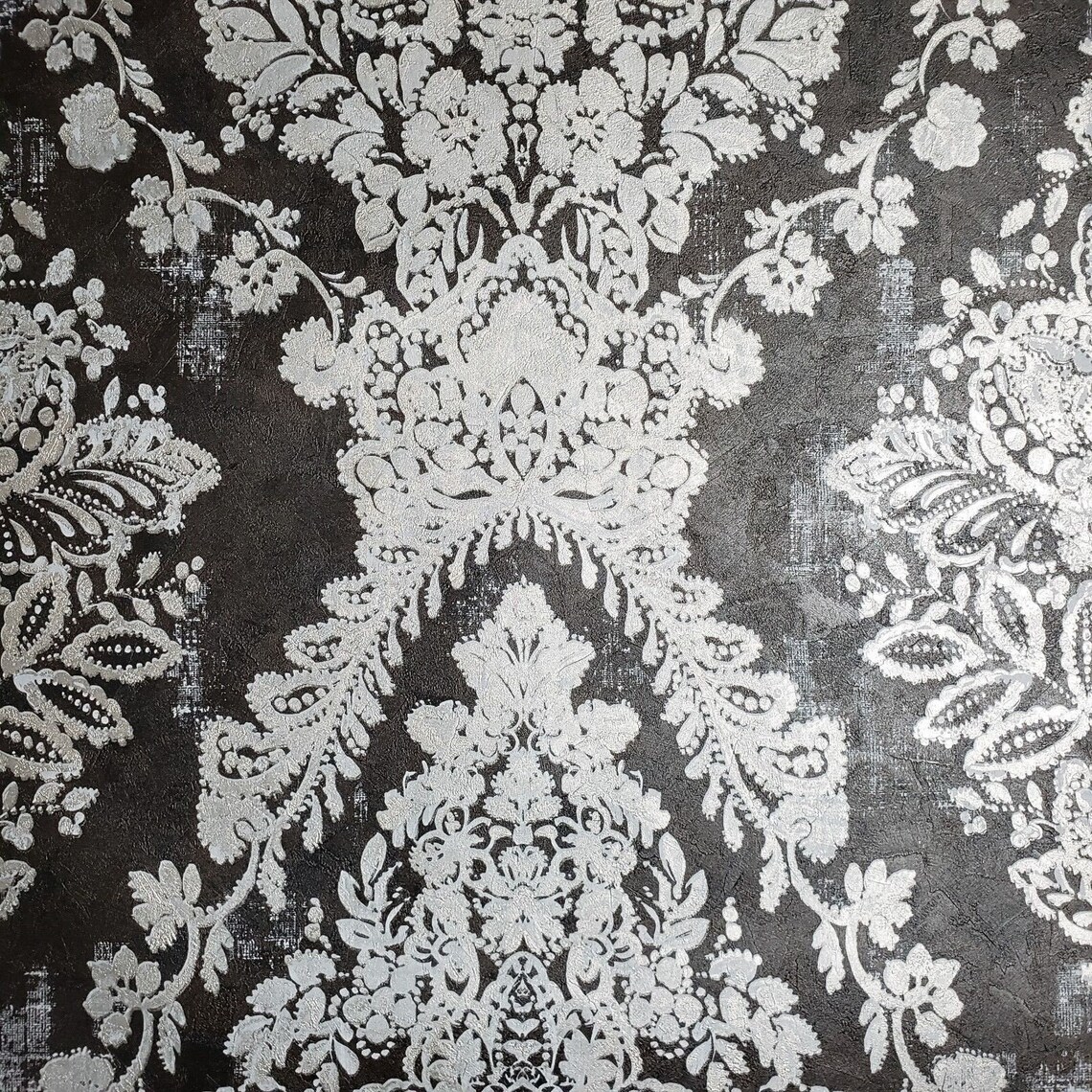 Textured Wallpaper Black Silver Metallic Rust Vintage Damask - Etsy