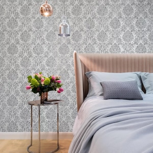 Embossed Gray silver metallic Victorian damask faux fabric textured Wallpaper 3D
