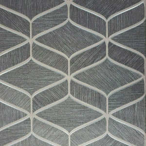 May include: A gray and white geometric wallpaper with a textured, woven pattern. The wallpaper features a repeating design of overlapping, curved shapes.