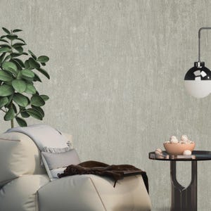 May include: A modern living room scene featuring a cream-colored modular sofa with a throw blanket and pillows. A small side table holds a bowl of decorative spheres. A leafy plant and a black and white pendant lamp complete the decor.