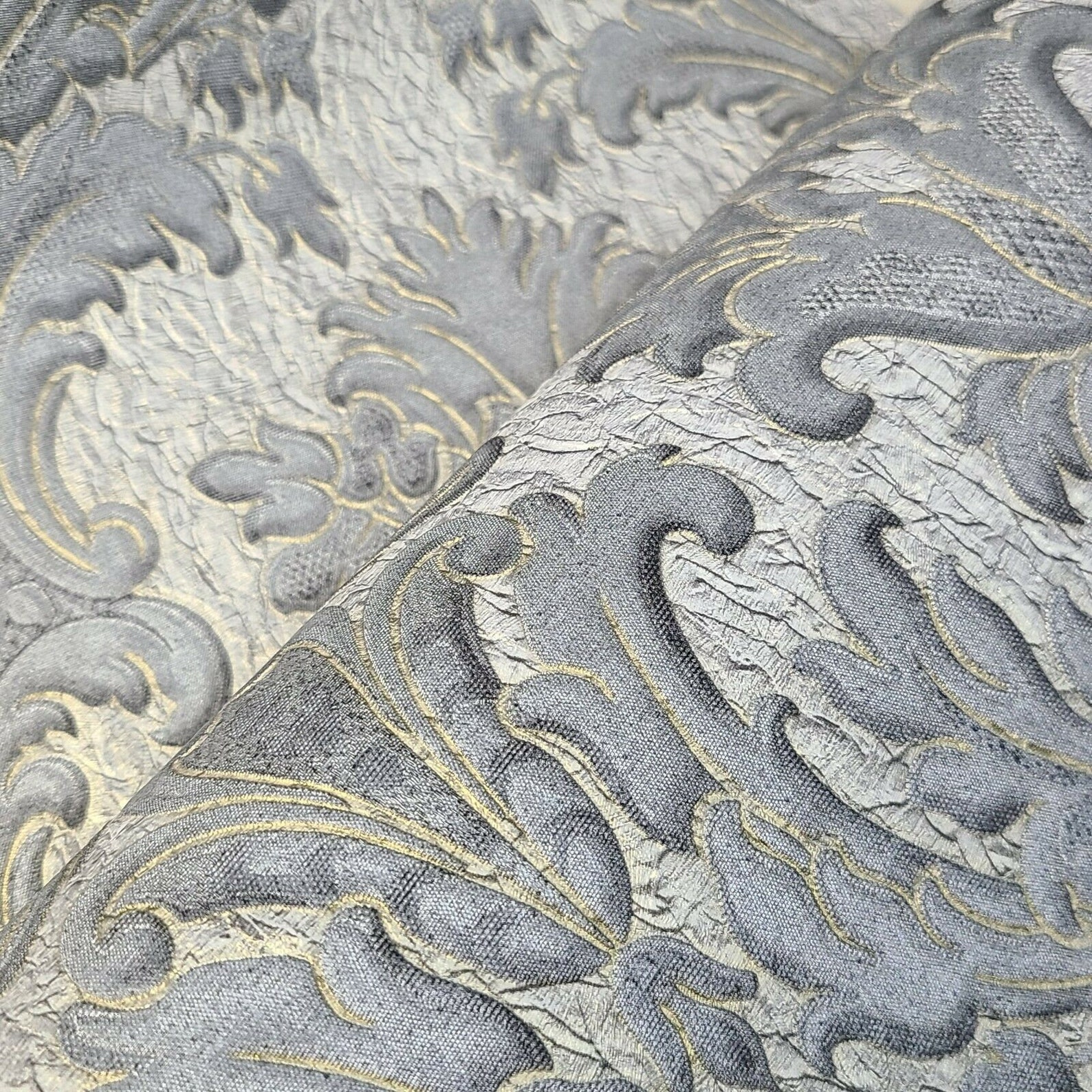 Gray Silver Gold Metallic Crashed Foil Textured Victorian Damask ...