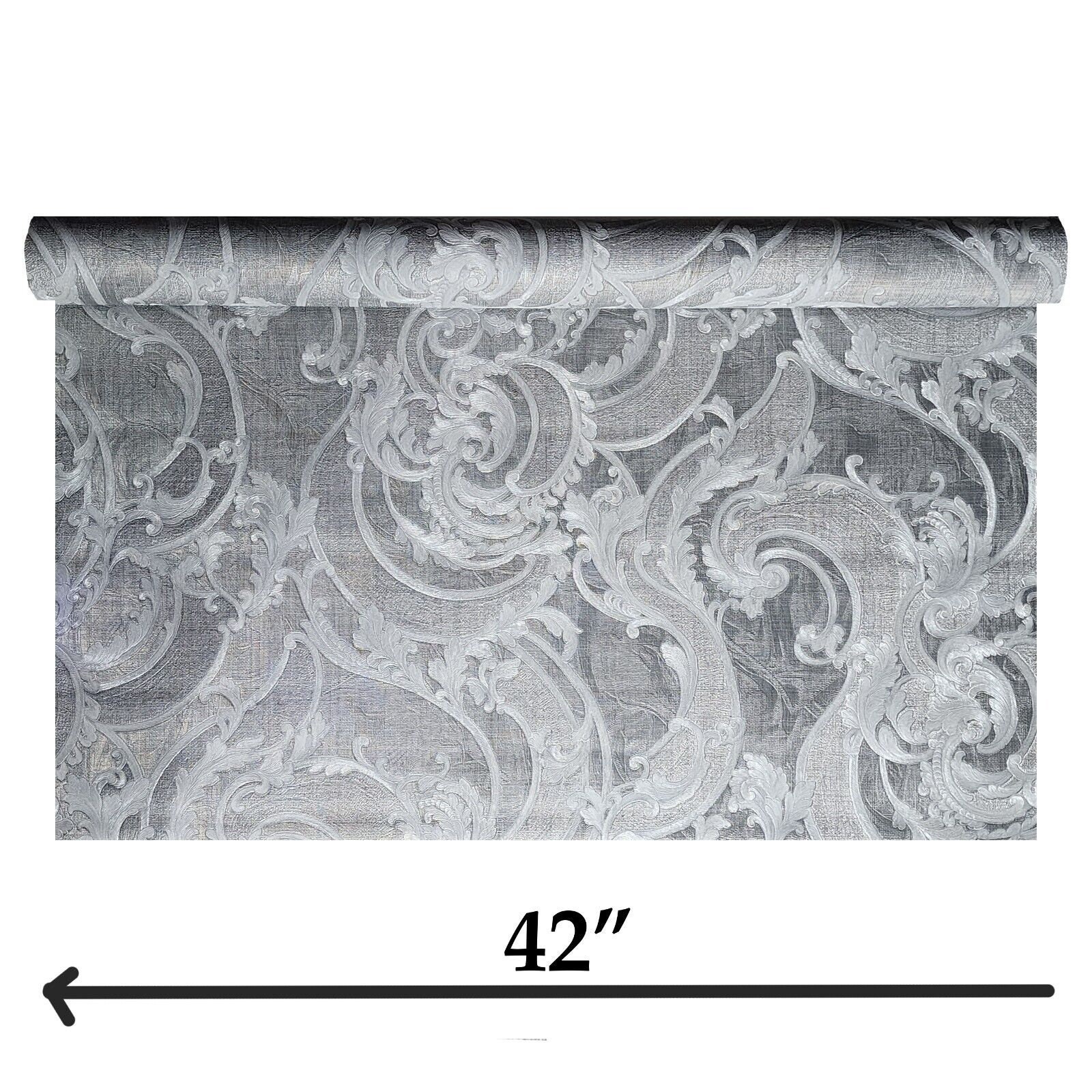 Victorian Wavy Damask Gray Silver Gold Metallic Textured Faux Fabric ...