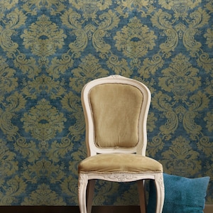 Wallpaper Blue yellow Gold Metallic rustic Damask Textured Wallcoverings roll 3D