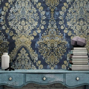 Textured Wallpaper black gray gold Metallic rusted plaster Floral damask 3D