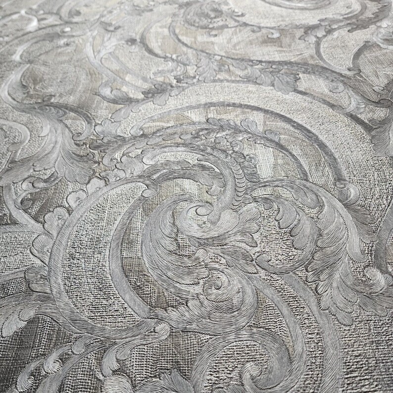 Victorian Wavy Damask Gray Silver Gold Metallic Textured Faux Fabric ...