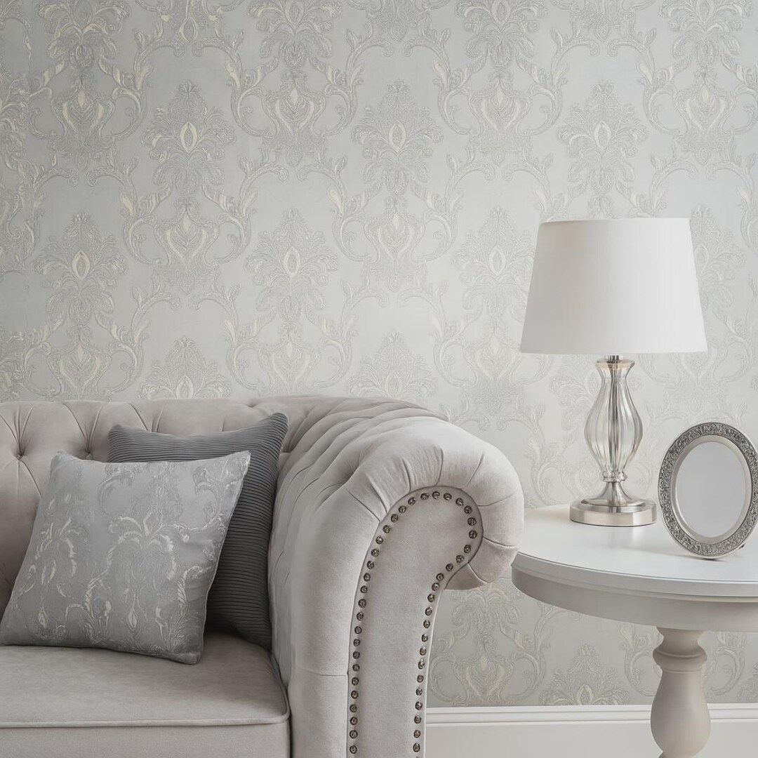 Ivory Gold Metallic Faux Plaster Textured Victorian Floral Damask ...