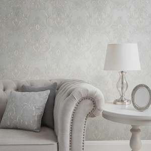 Ivory gold metallic faux plaster textured Victorian floral damask Wallpaper roll