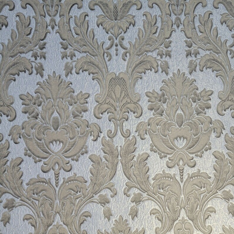 Ivory Silver Tan Gold Metallic Crashed Foil Textured Victorian Damask ...