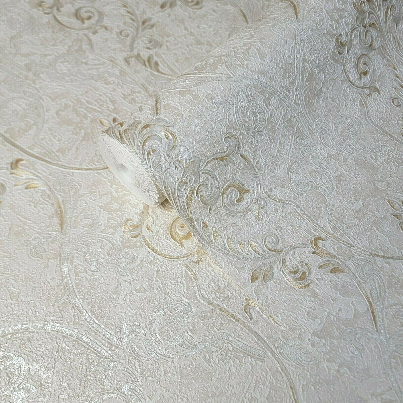 Ivory off White Gold Metallic Victorian Damask Faux Plaster Textured ...