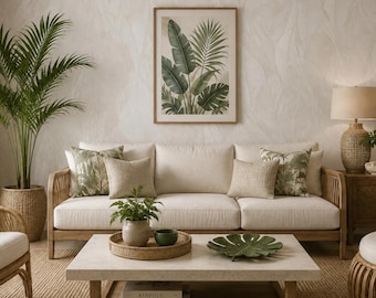 Tropical soft botanical large leaves Beige cream Faux plaster textured Wallpaper
