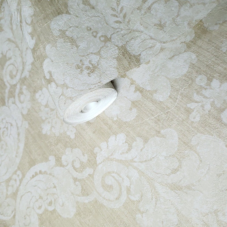Victorian Wallpaper Brass Gold Metallic off White Beige Damask Textured ...