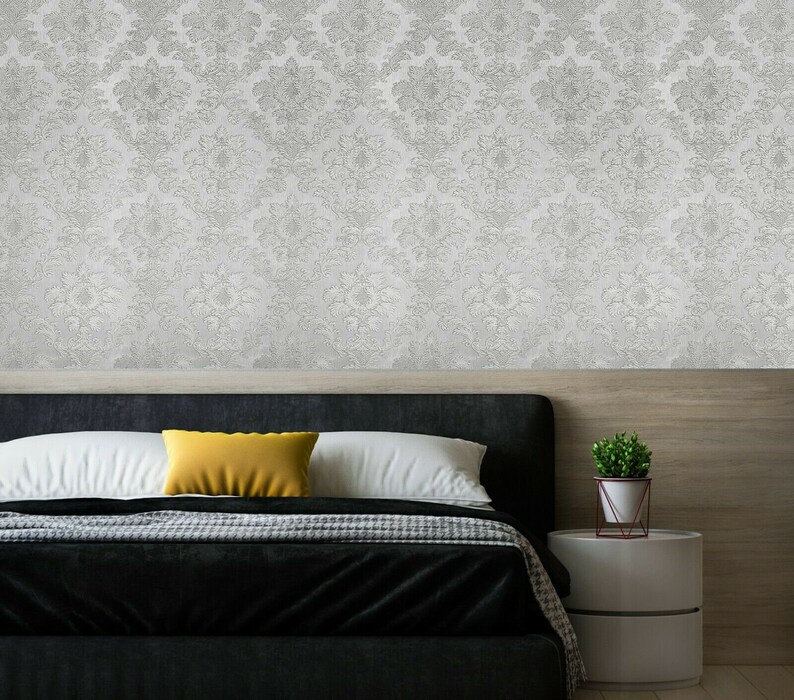 Silver gray metallic textured floral Victorian damask Wallpaper roll