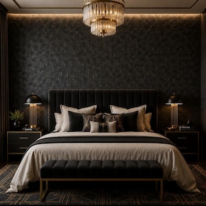 May include: A bedroom featuring a large black upholstered bed with vertical channel tufting, layered with beige and black pillows. A black velvet bench sits at the foot of the bed, beneath a tiered crystal chandelier and two gold-accented lamps.