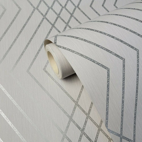 Contemporary Wallpaper White Silver Metallic Geometric Etsy