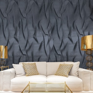 Black modern faux silk fabric textured wavy lines contemporary wallpaper roll 3D
