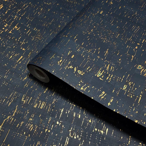 Enchanced natural cork deep navy gold metallic foil striped textured Wallpaper