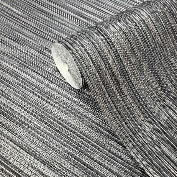 Wallpaper charcoal gray black silver metallic Textured faux grasscloth bamboo 3D