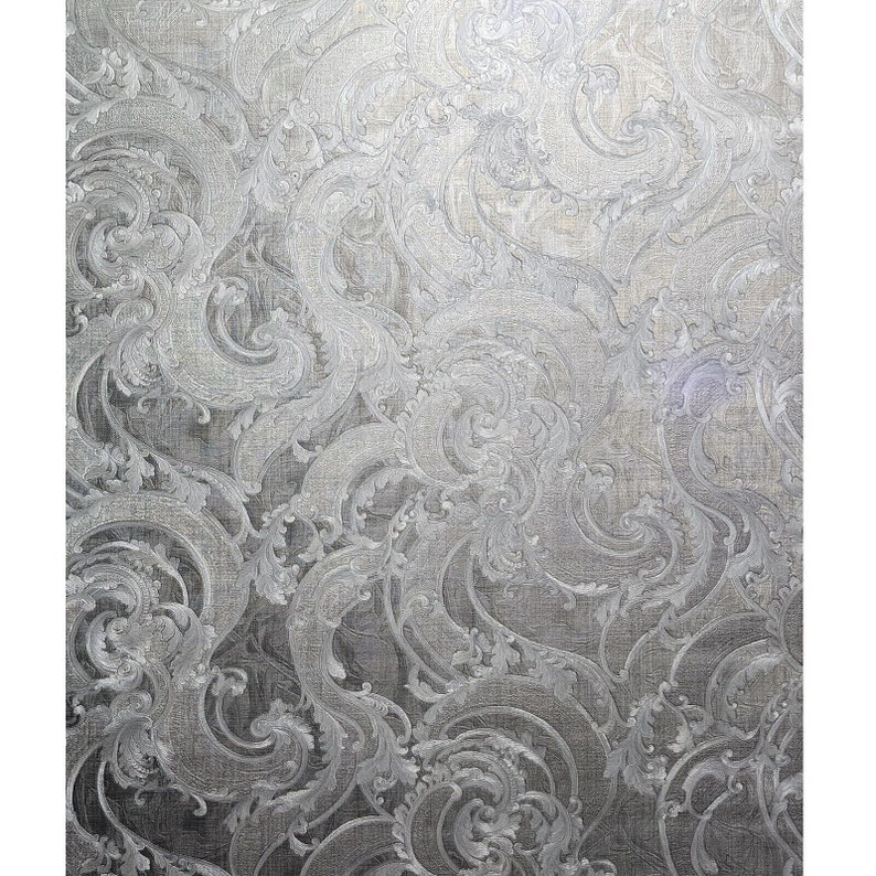 Victorian Wavy Damask Gray Silver Gold Metallic Textured Faux Fabric ...