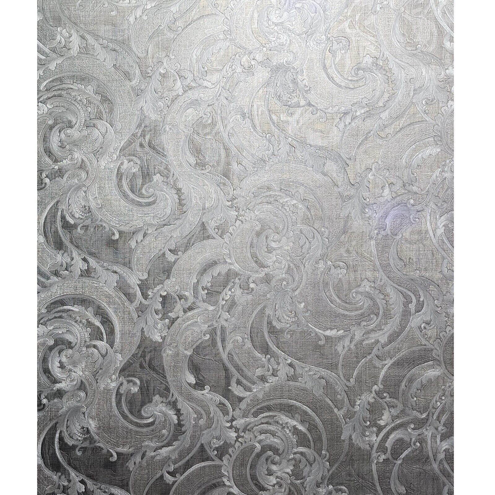 Victorian Wavy Damask Gray Silver Gold Metallic Textured Faux Fabric ...