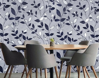 Wallpaper gray silver navy blue Flocking Velvet flocked Textured floral leaves