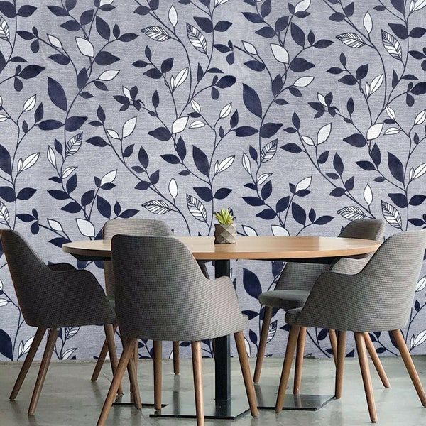 Wallpaper gray silver navy blue Flocking Velvet flocked Textured floral leaves