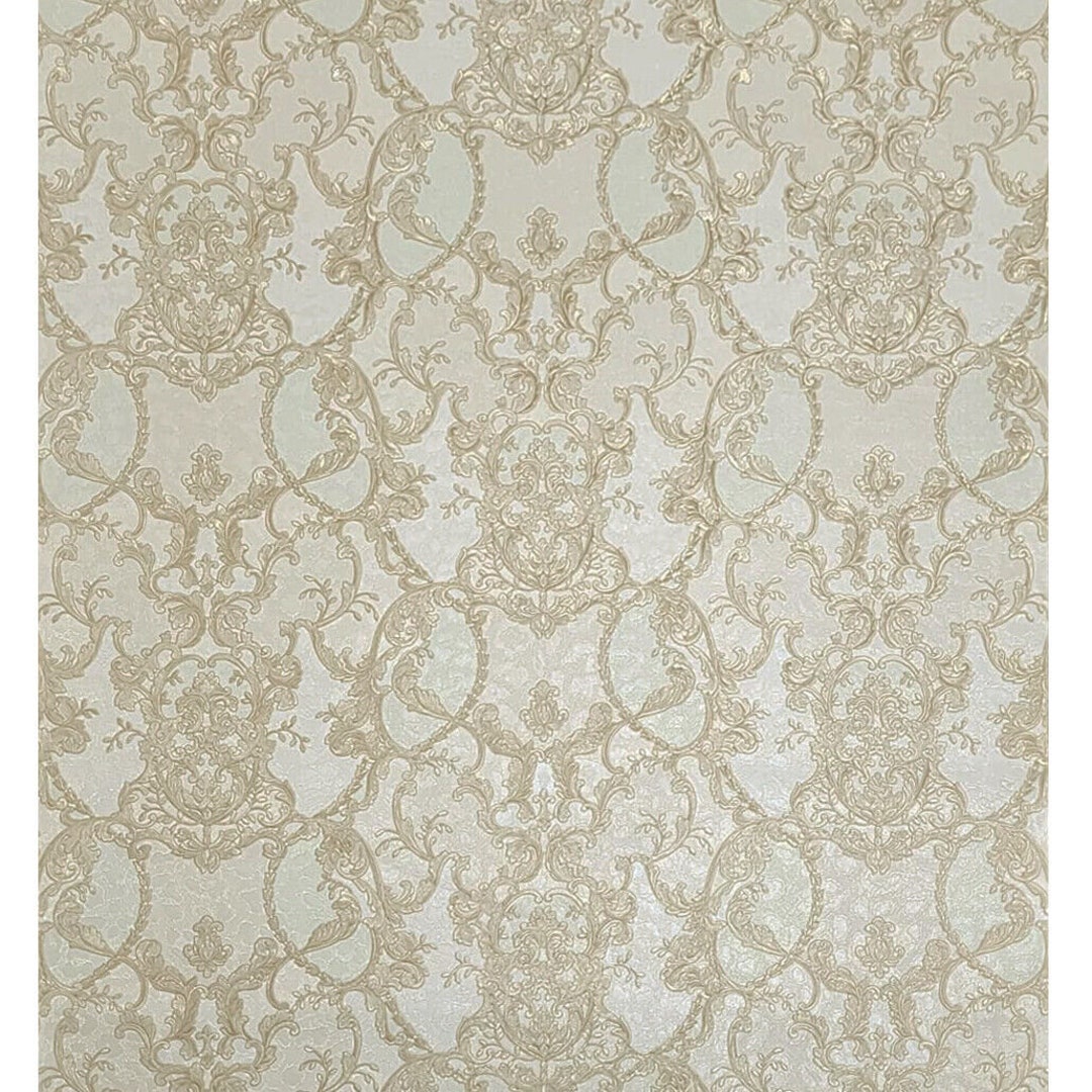 Ivory Tan Gold Metallic Damask Wallpaper Faux Leopard Cheetah Skin