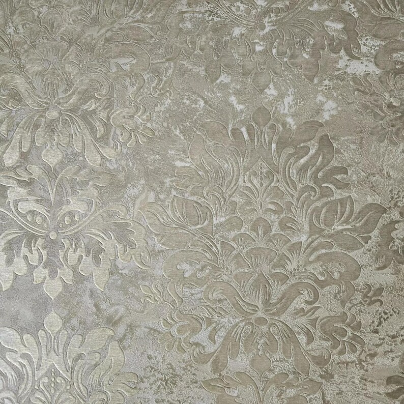 Taupe Tan Cream Gold Metallic Victorian Floral Damask Plaster Textured ...