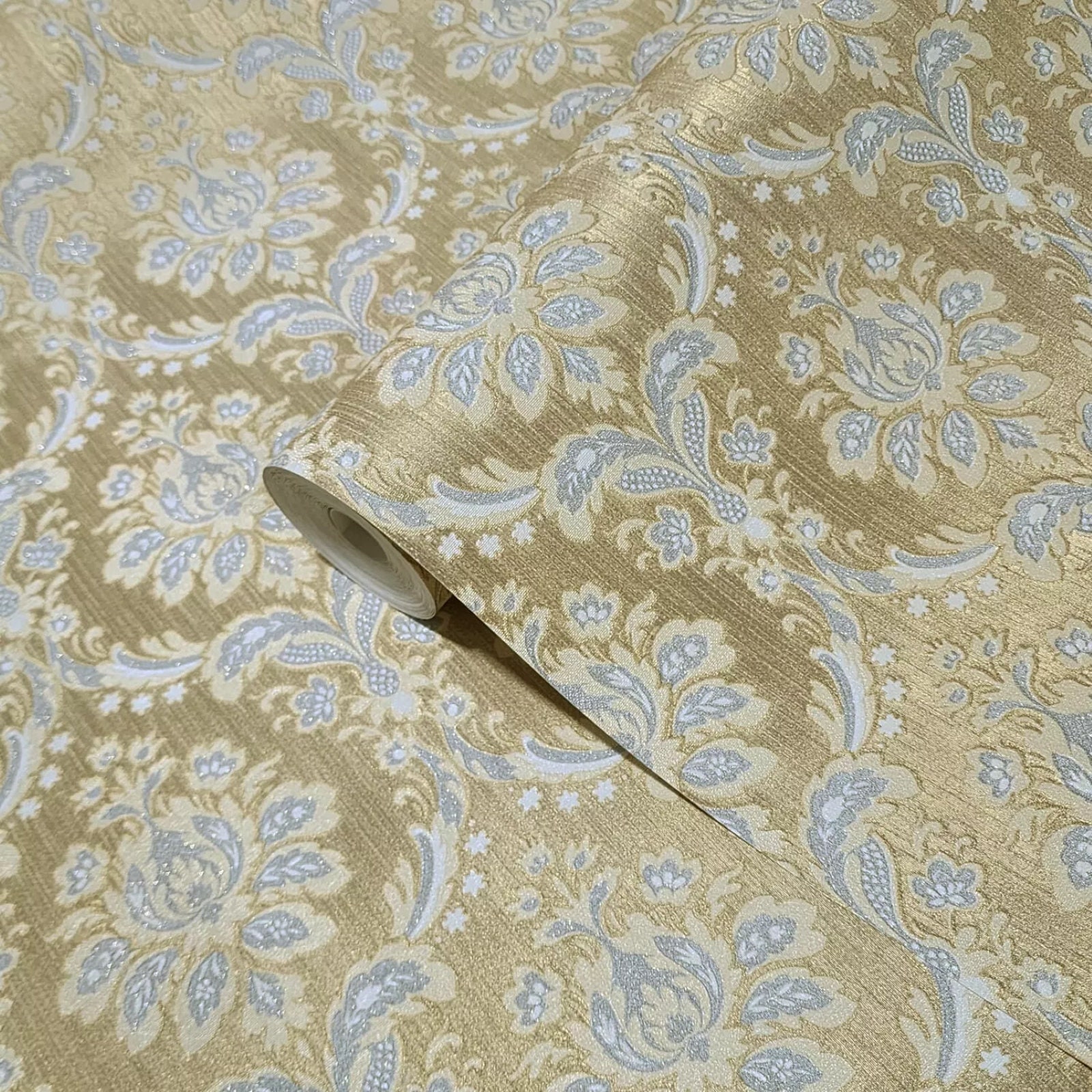 Gray Silver Gold Metallic Victorian Damask Faux Silk Fabric Textured ...